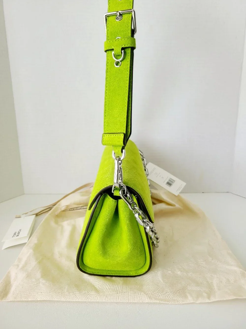 Tory Burch Rory Novelty Suede Flap Shoulder Bag Bitter Lime Multi Straps $675